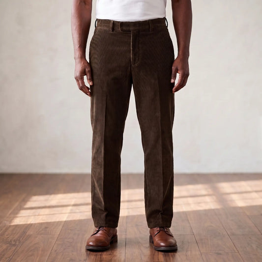 Brown wide wale corduroy straight leg trousers worn with a white tee and brown derby shoes