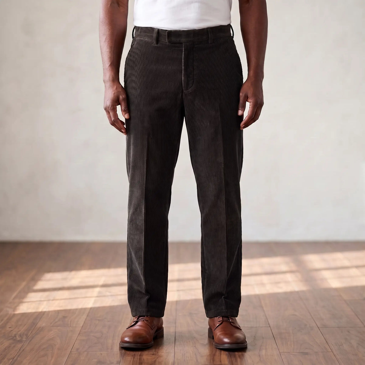 Black wide wale corduroy straight leg trousers worn with a white tee and brown derby shoes