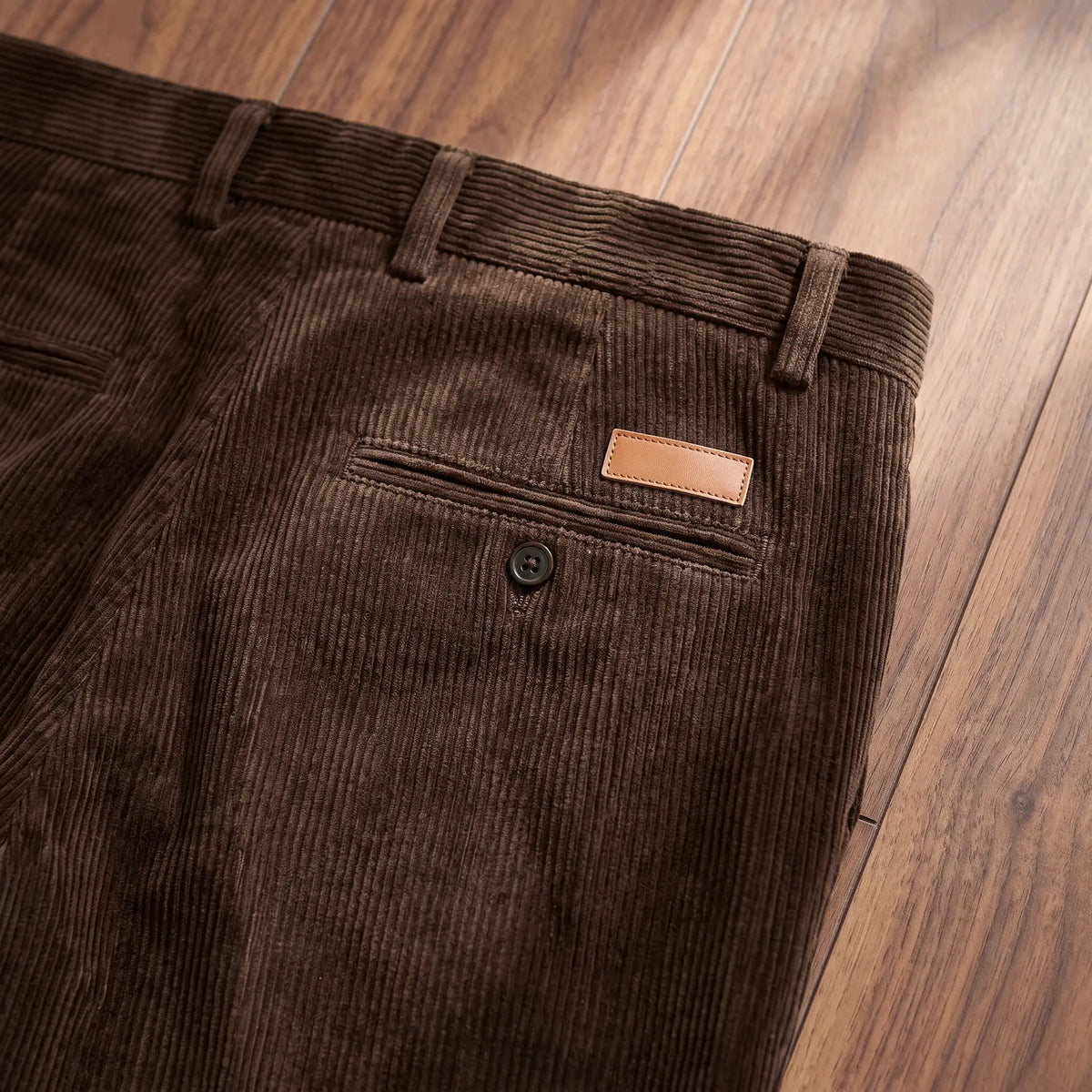 Close up of the corduroy trousers rear welt pocket, button and plain tan leather tab