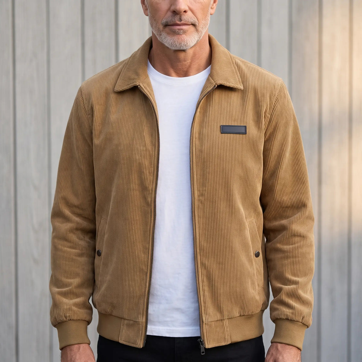 Khaki corduroy Harrington jacket worn open over a white tee, front view