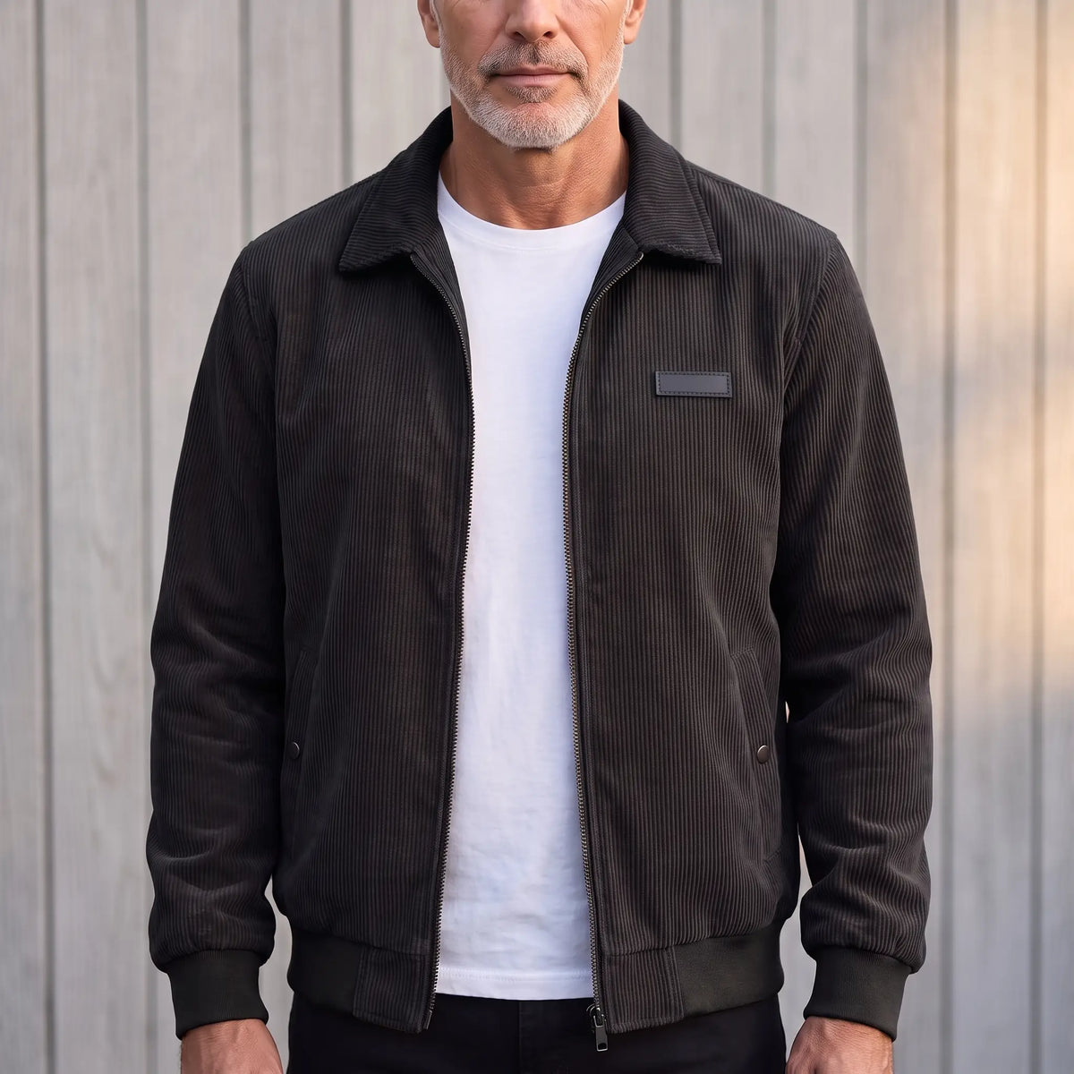 Black corduroy Harrington jacket worn open over a white tee, front view