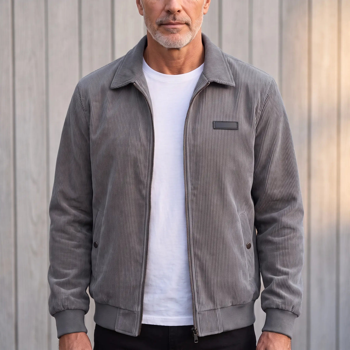 Gray corduroy Harrington jacket worn open over a white tee, front view