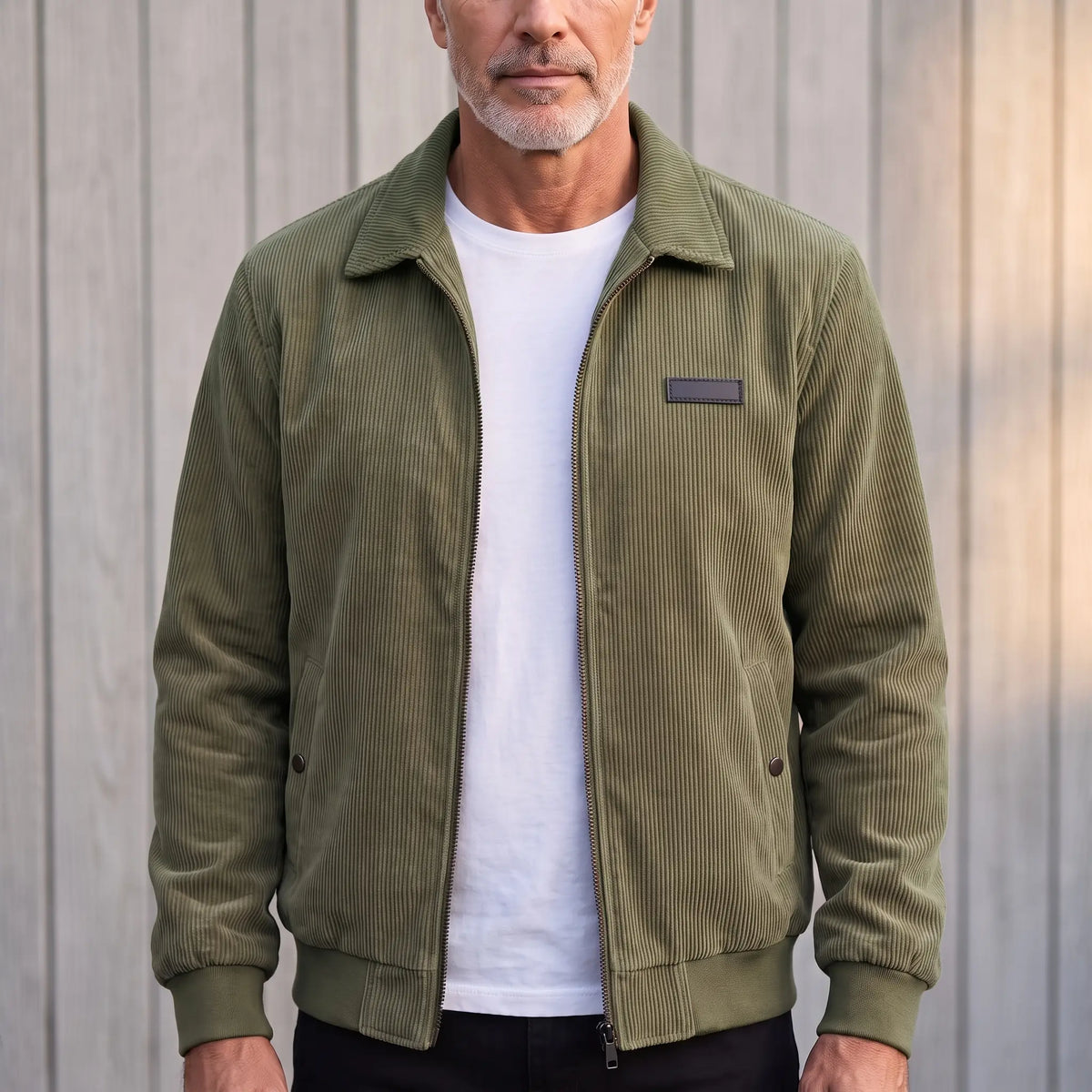 Green corduroy Harrington jacket worn open over a white tee, front view