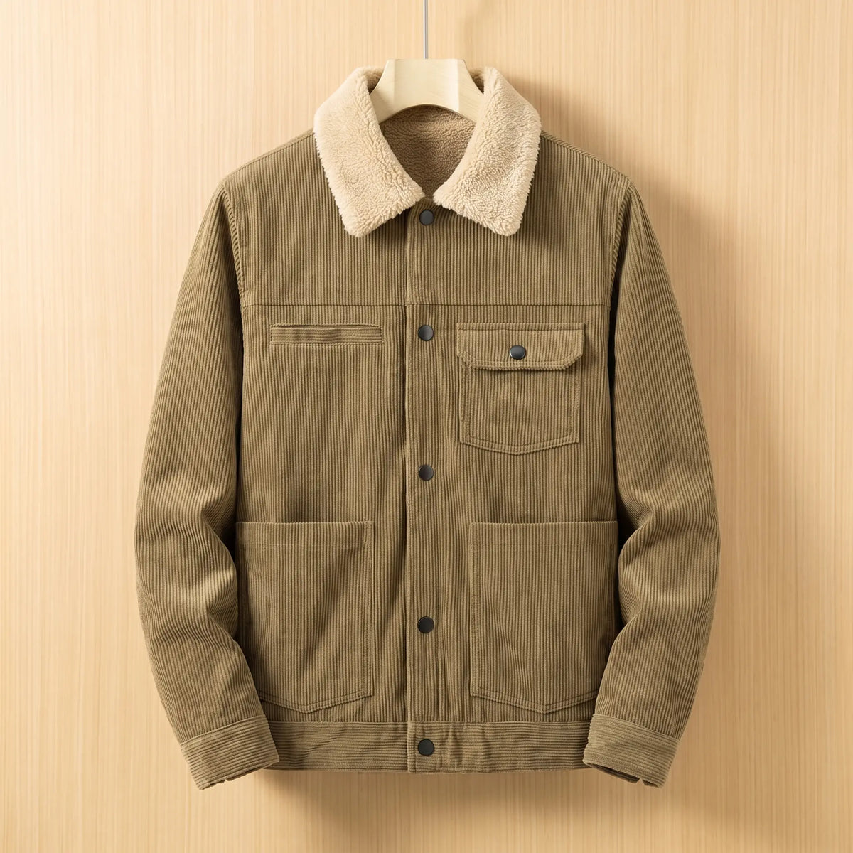 Khaki corduroy jacket with cream sherpa collar on a wooden hanger, front view