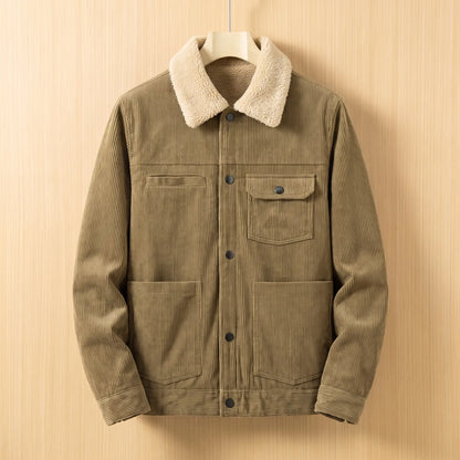 Khaki corduroy jacket with cream sherpa collar on a wooden hanger, front view