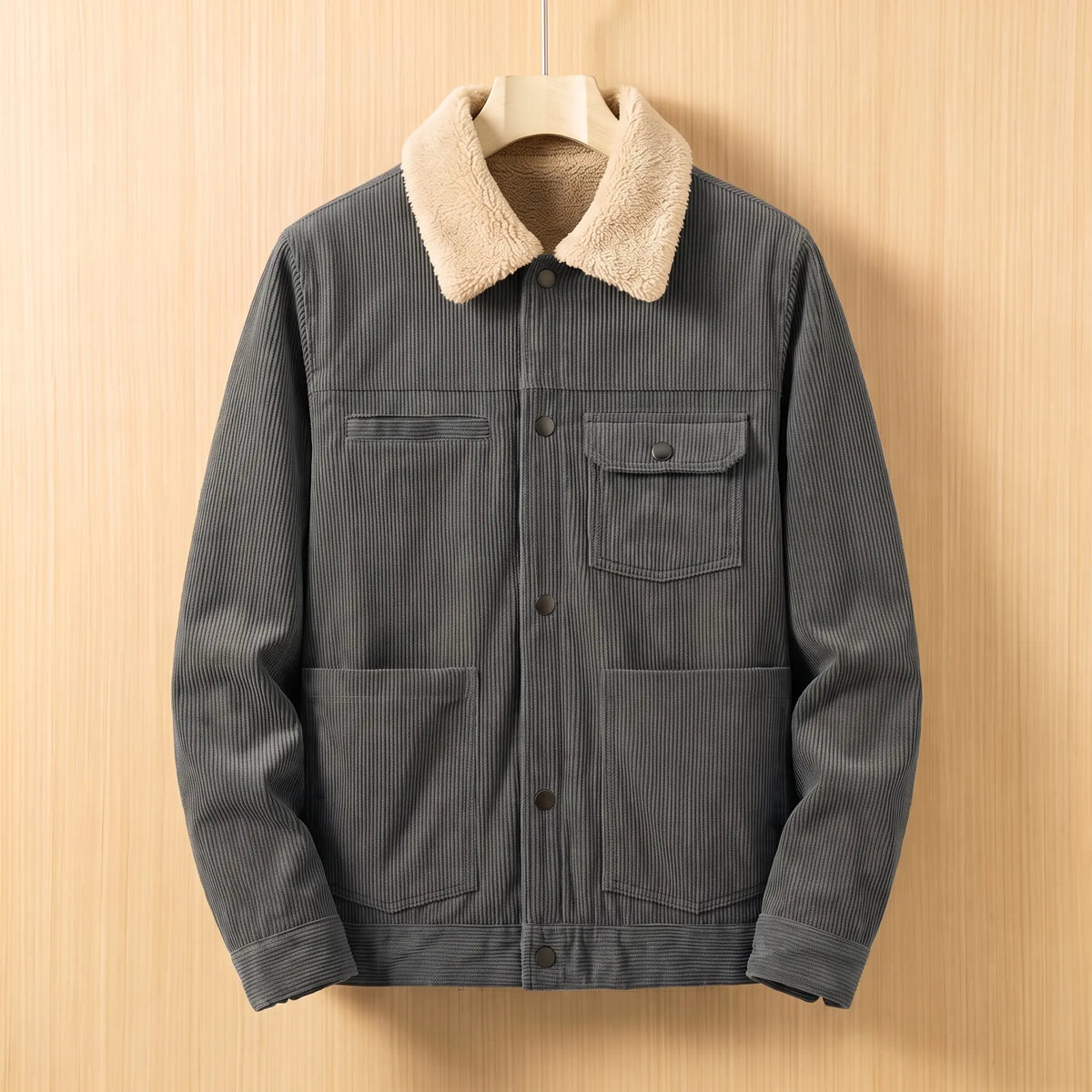 Gray corduroy jacket with cream sherpa collar on a wooden hanger, front view
