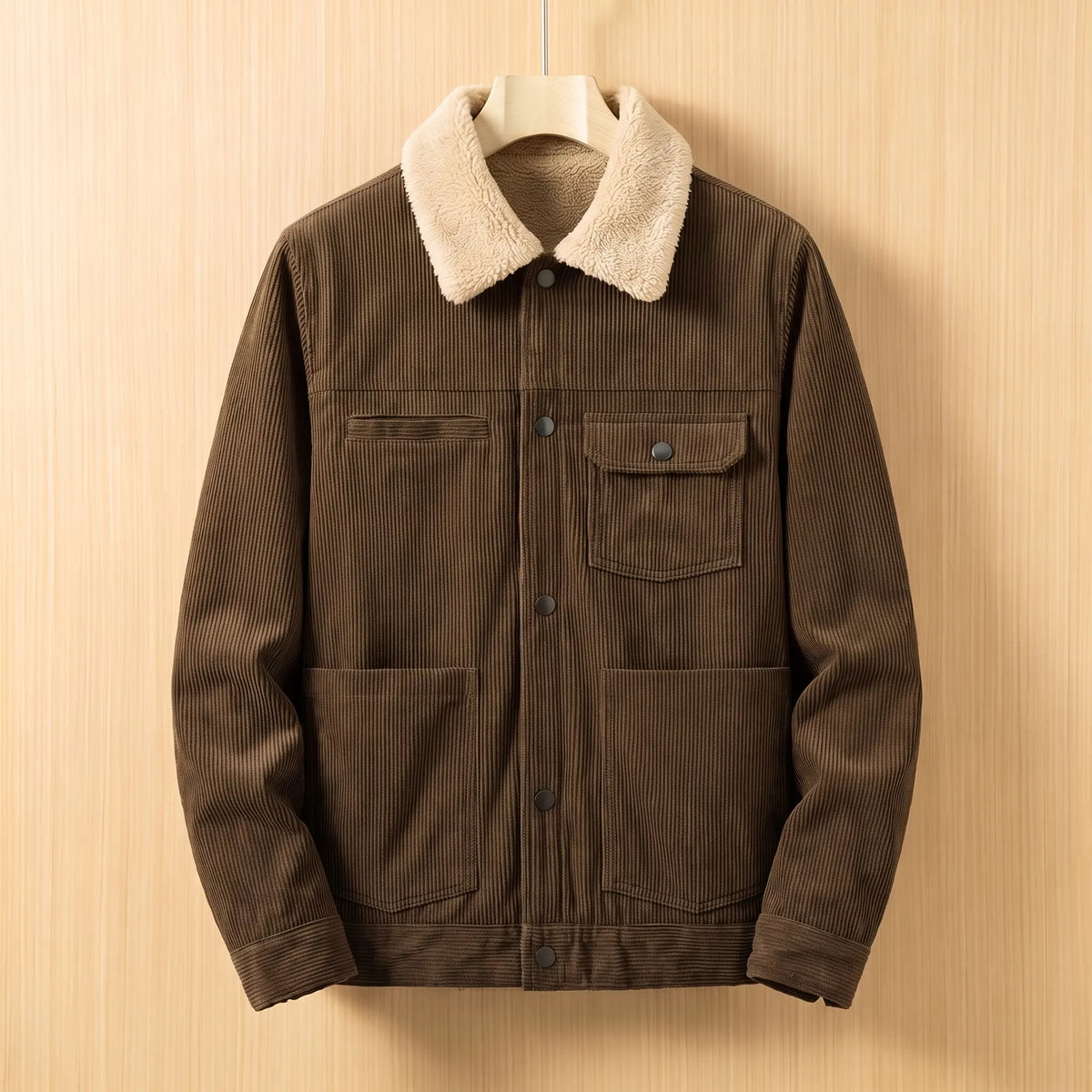 Brown corduroy jacket with cream sherpa collar on a wooden hanger, front view