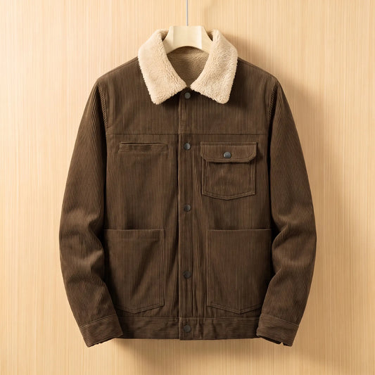 Brown corduroy jacket with cream sherpa collar on a wooden hanger, front view
