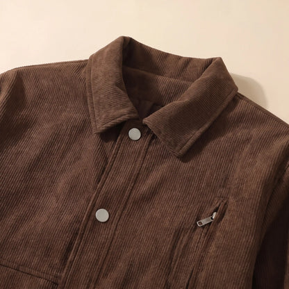 Close up of the winter corduroy jacket collar and snap front placket