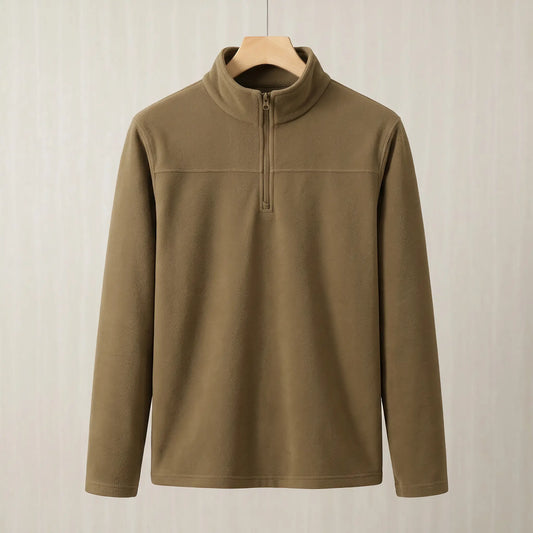 Yellow brown brushed fleece half zip pullover on a wooden hanger, front view
