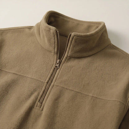 Close up of the fleece pullover stand collar, short zip and chest yoke seam