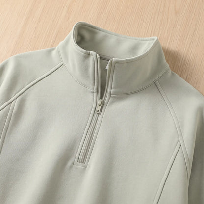 Close up of the sweatshirt tall stand collar, short zip and front seams