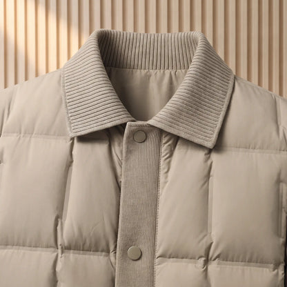 Close up of the ribbed knit collar, front placket and top snap