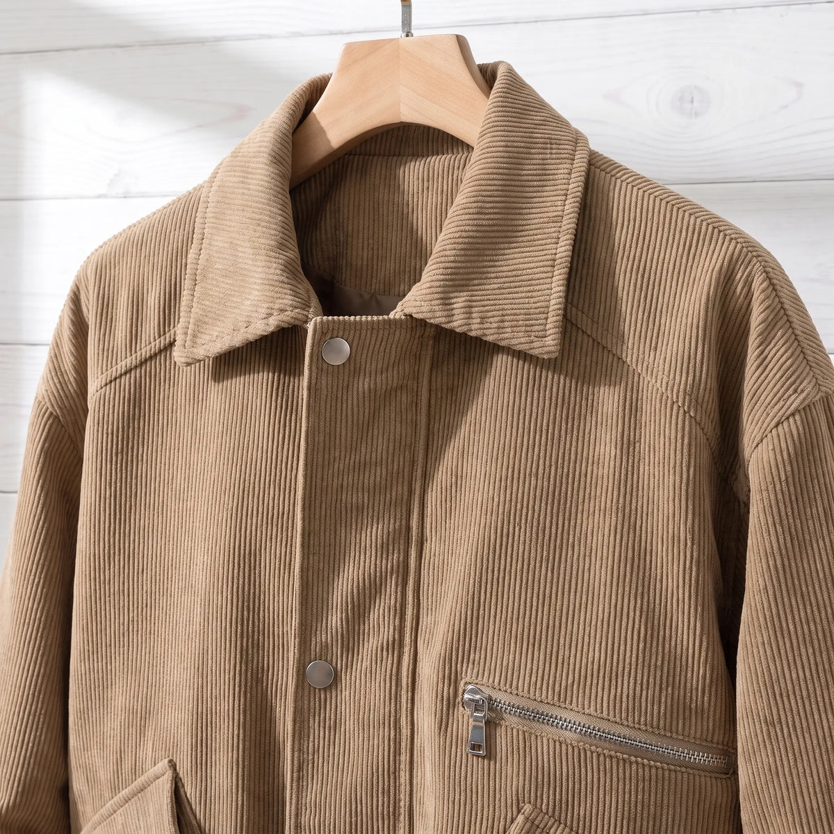 Close up of the corduroy collar, snap placket and zipped chest pocket