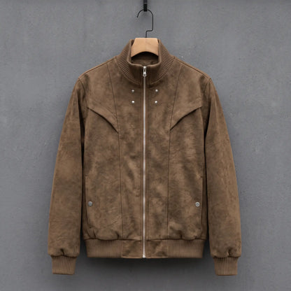 Brown suede bomber jacket with ribbed stand collar on a wooden hanger, front view