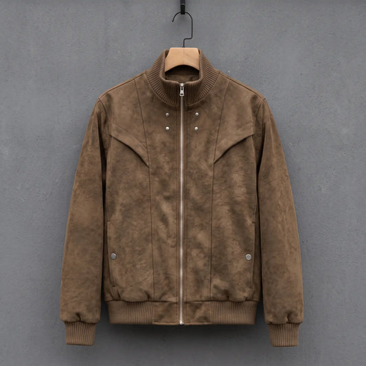 Brown suede bomber jacket with ribbed stand collar on a wooden hanger, front view