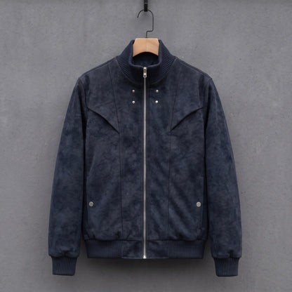 Dark blue suede bomber jacket with ribbed stand collar on a wooden hanger, front view