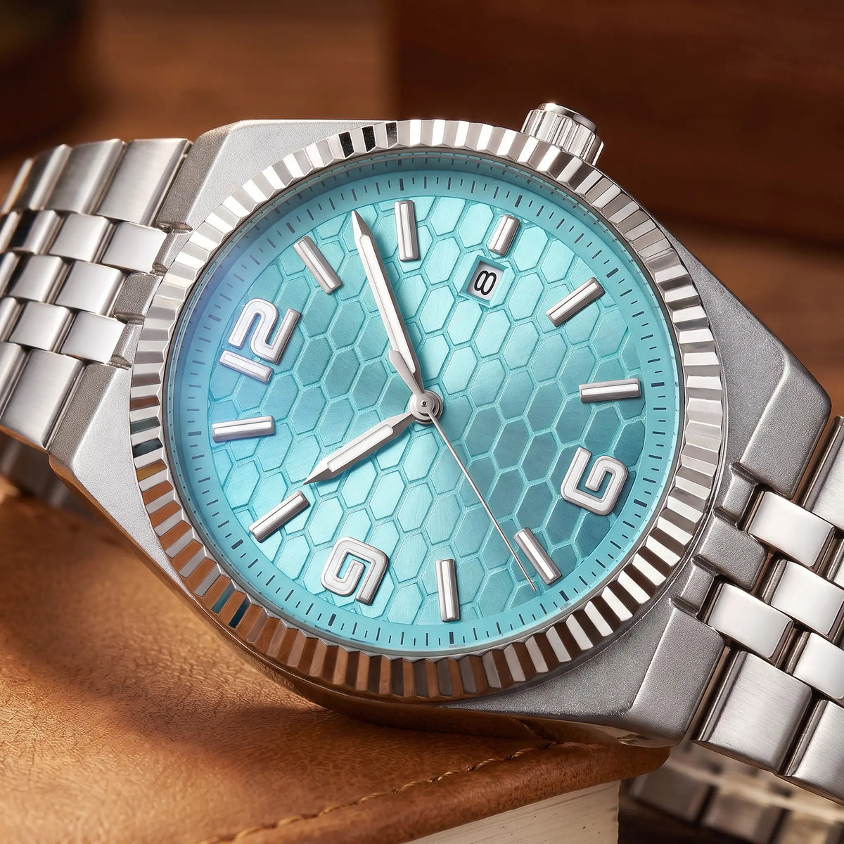 Honeycomb dial watch dial and fluted bezel detail