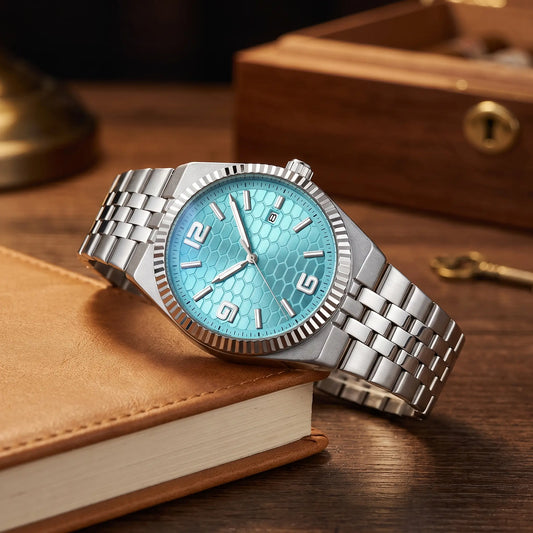 Honeycomb dial watch light blue