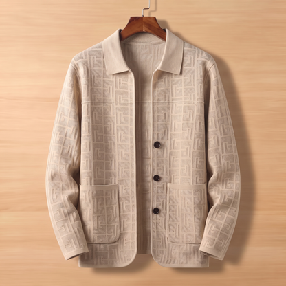 Beige jacquard knit cardigan on wooden hanger