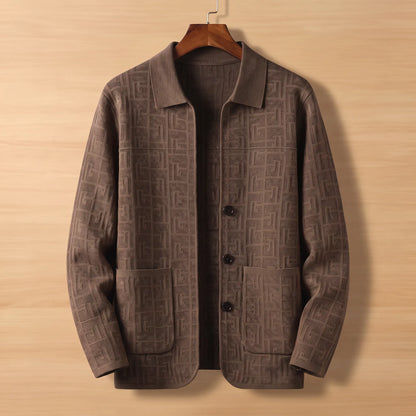 Brown jacquard knit cardigan on wooden hanger