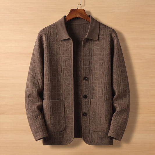Brown jacquard knit cardigan on wooden hanger