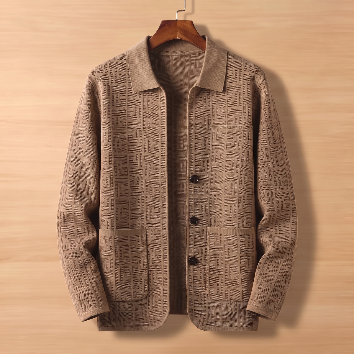 Khaki jacquard knit cardigan on wooden hanger