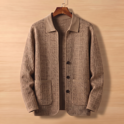 Khaki jacquard knit cardigan on wooden hanger