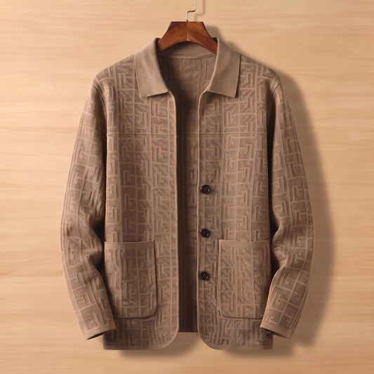 Khaki jacquard knit cardigan on wooden hanger