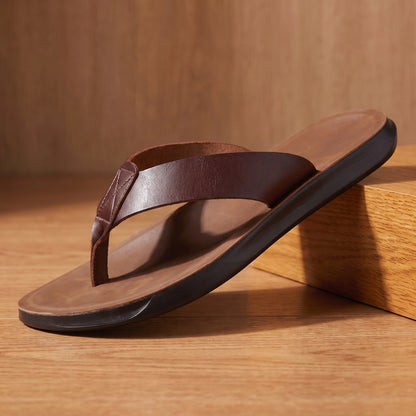Dark brown leather thong sandal, pedestal hero