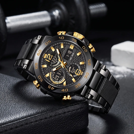 LED Sports Watch in black with gold bezel numerals and dual display