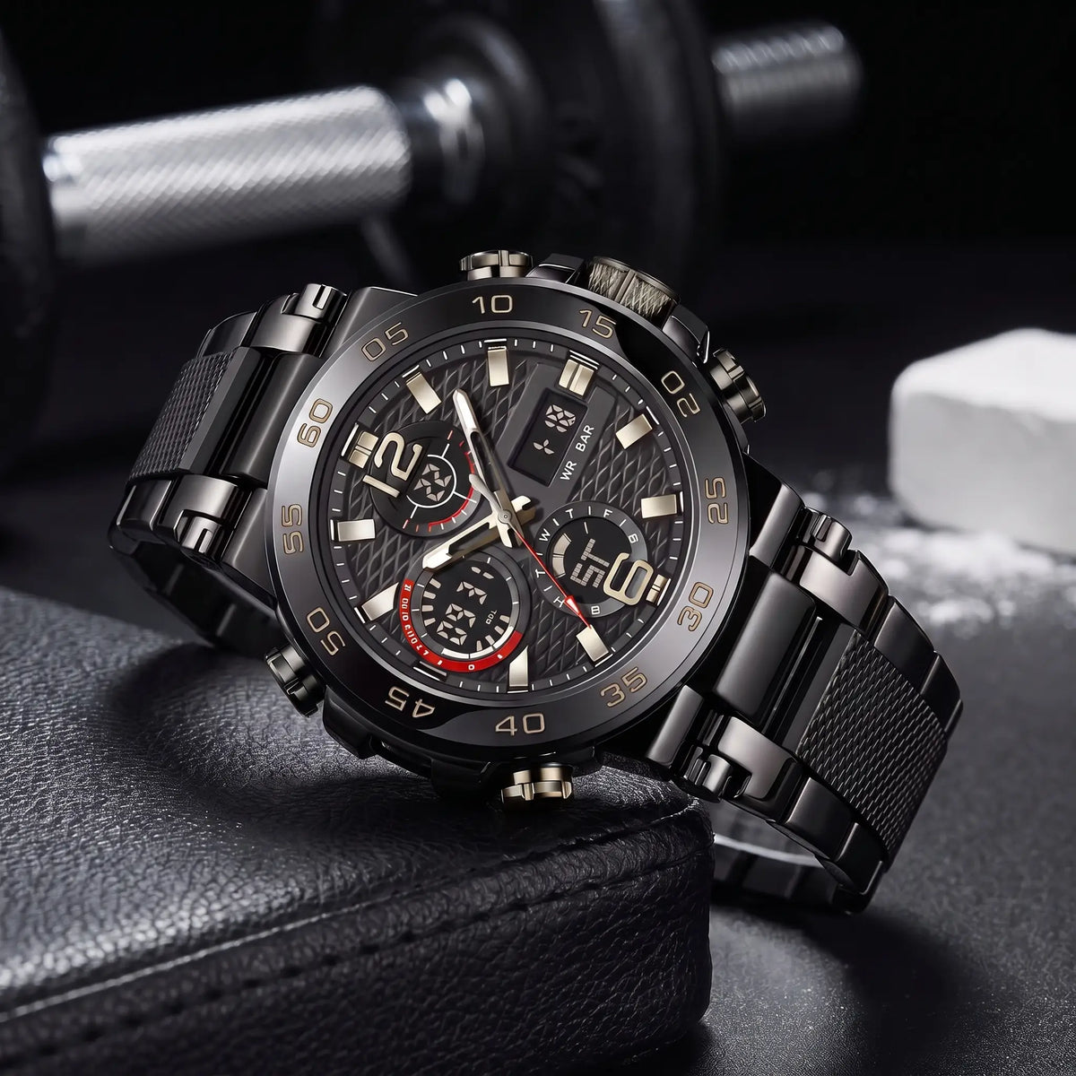 LED Sports Watch in all black with red dial accents