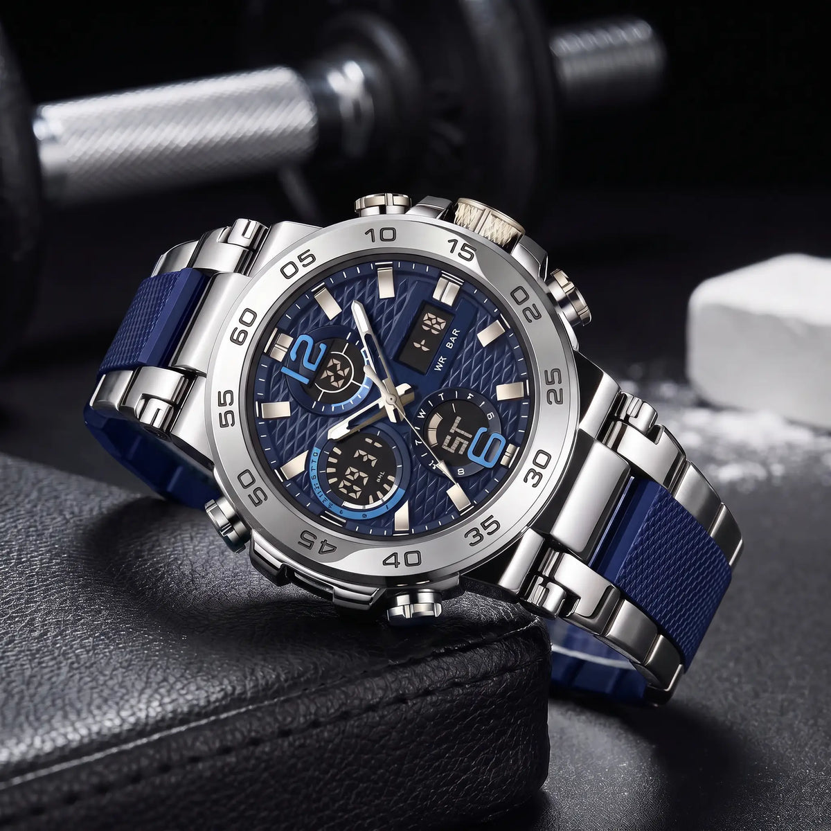LED Sports Watch in silver with a blue dial and blue band accents