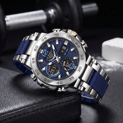 LED Sports Watch in silver with a blue dial and blue band accents