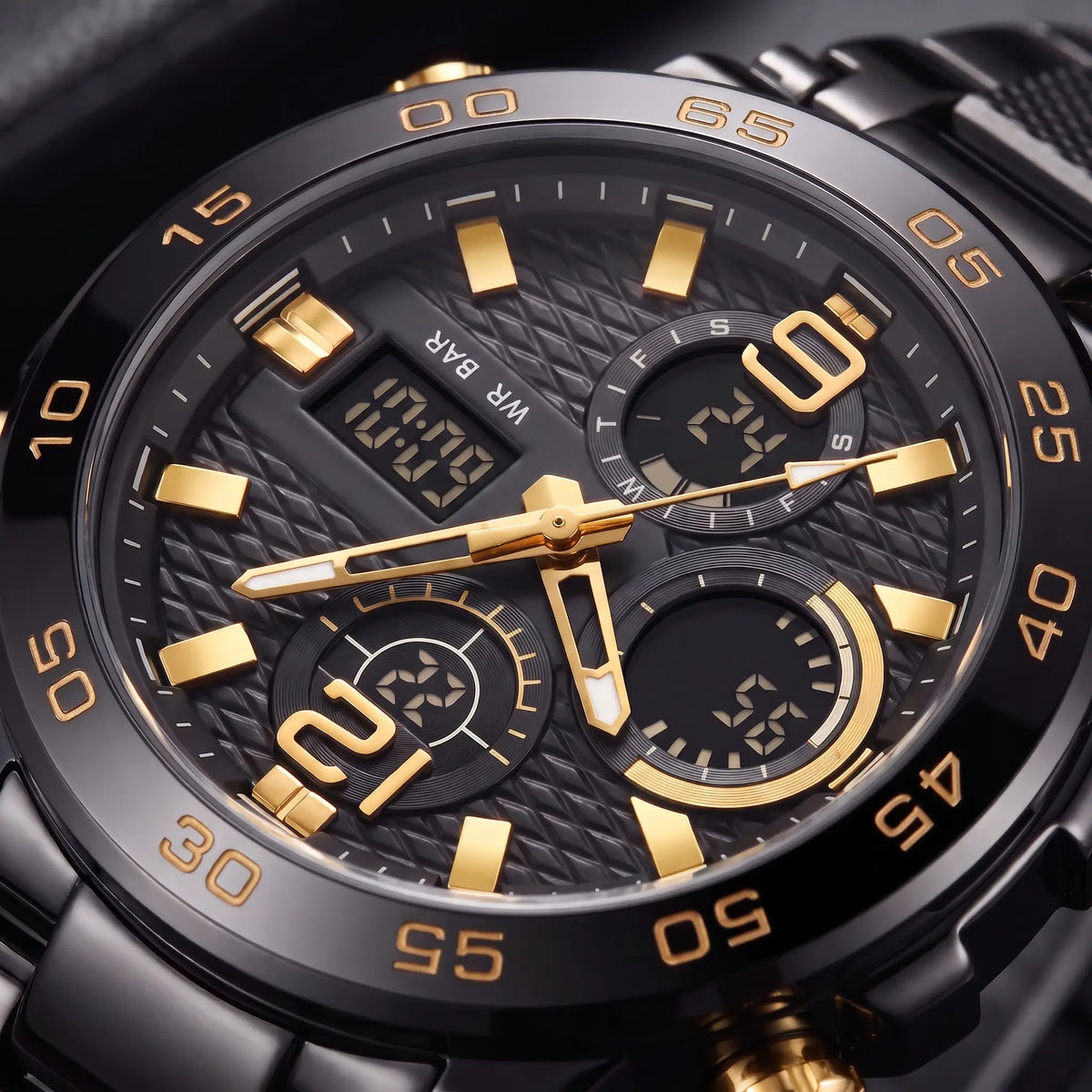 Macro close up of the dual display dial on the LED Sports Watch