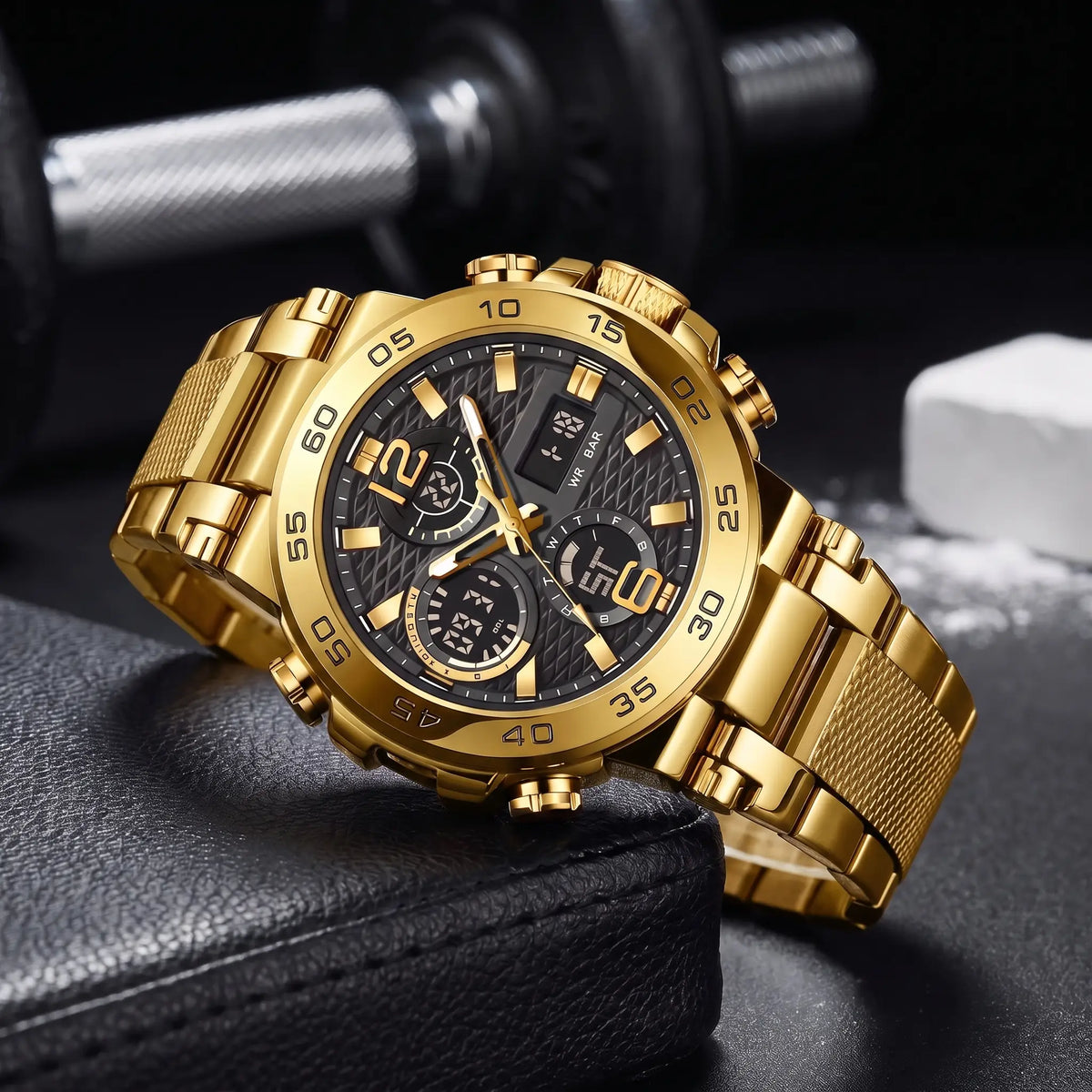 LED Sports Watch in full gold with dual analog and digital display