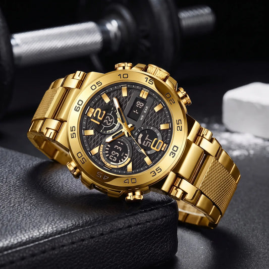 LED Sports Watch in full gold with dual analog and digital display