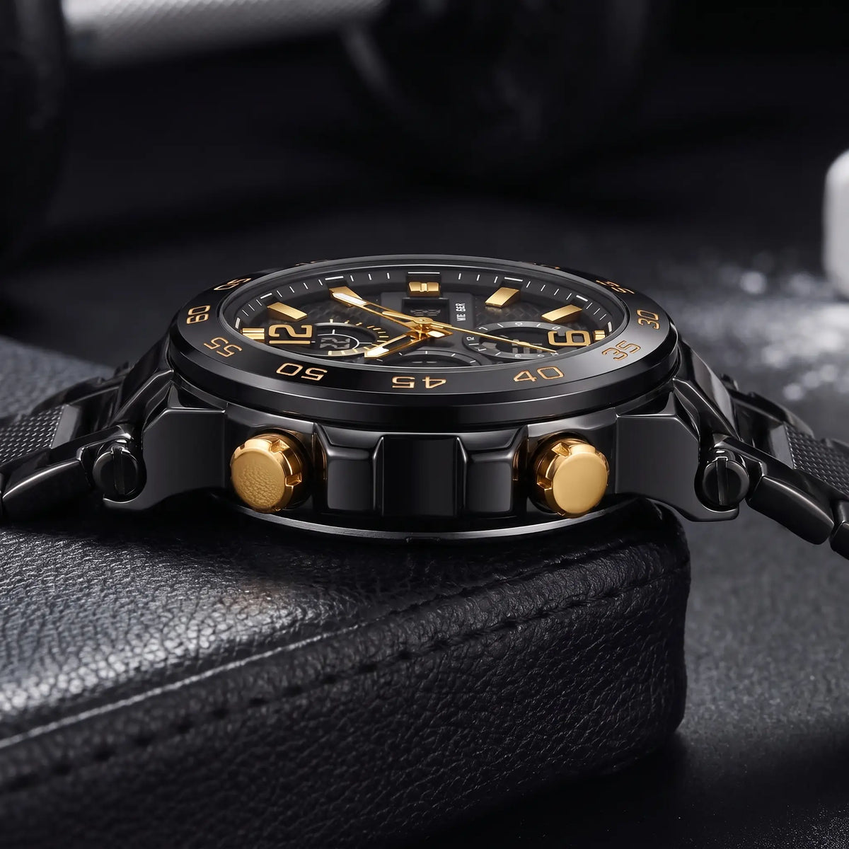 Side profile of the LED Sports Watch showing the pushers, case guards and band