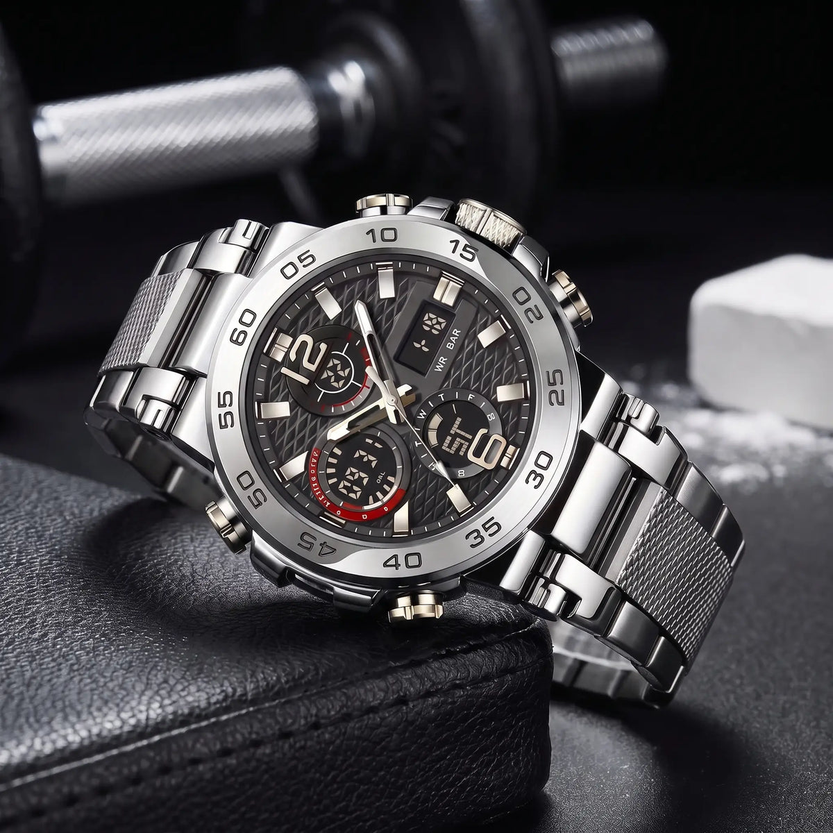 LED Sports Watch in silver steel with black dial and red accents