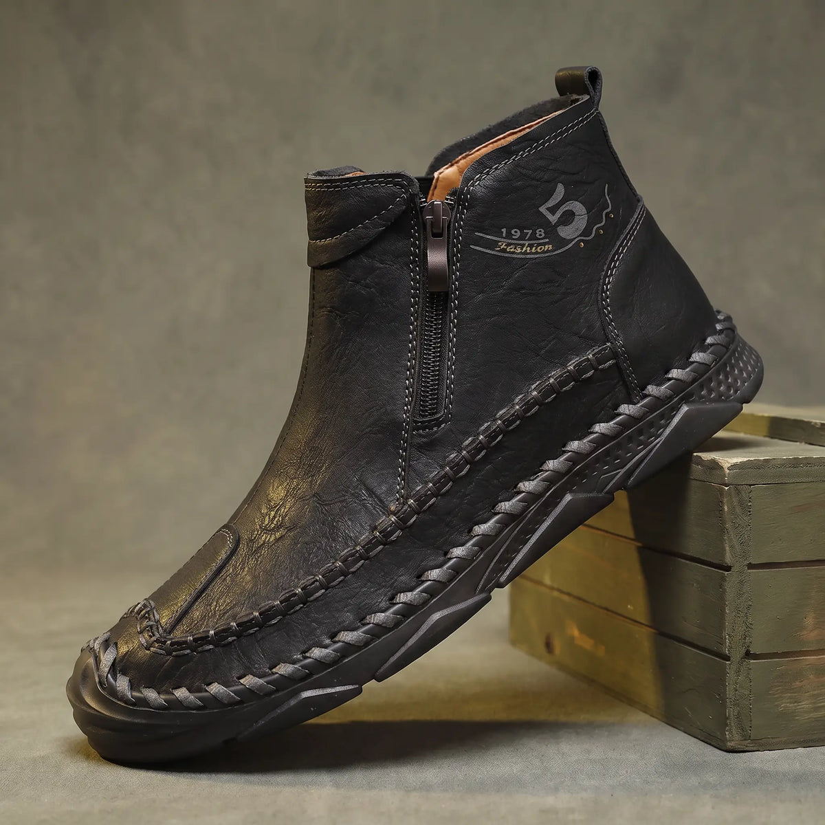 Moccasin Seam Boots for men in black, hand stitched leather ankle boot with side zip