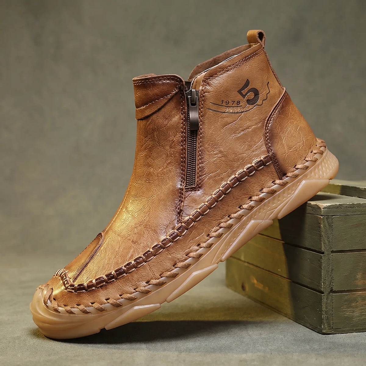 Moccasin Seam Boots for men in light brown, hand stitched leather ankle boot with side zip
