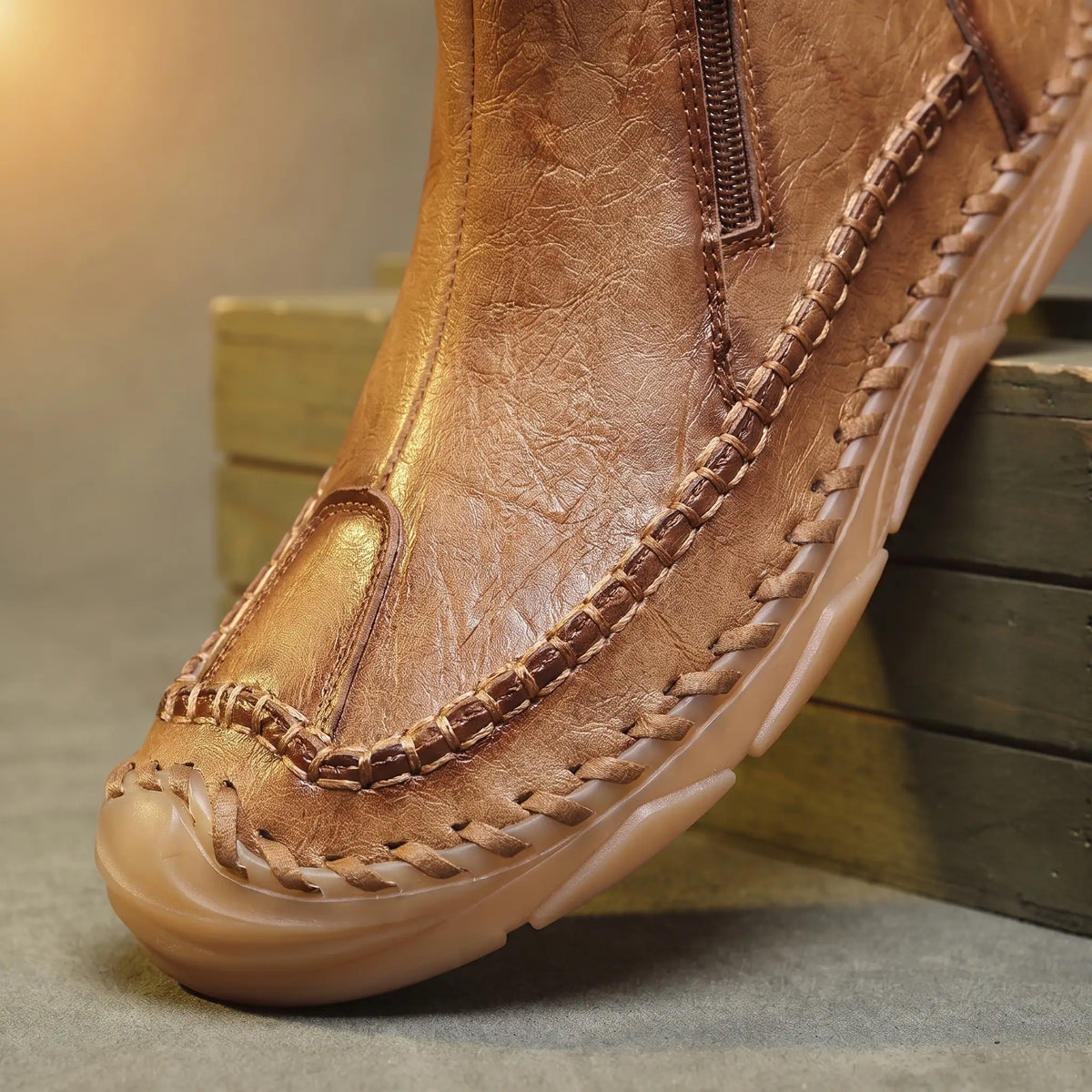 Close up of the hand stitched moccasin welt and apron toe seam on Moccasin Seam Boots