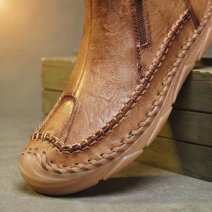 Close up of the hand stitched moccasin welt and apron toe seam on Moccasin Seam Boots
