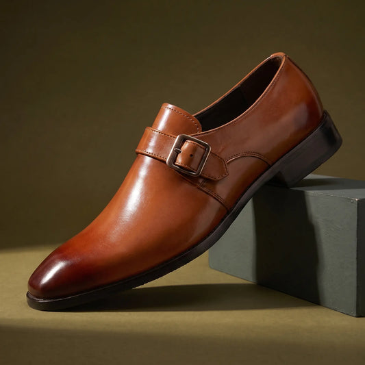 Monk Gloss Finish Shoes in tan brown with a silver buckle strap