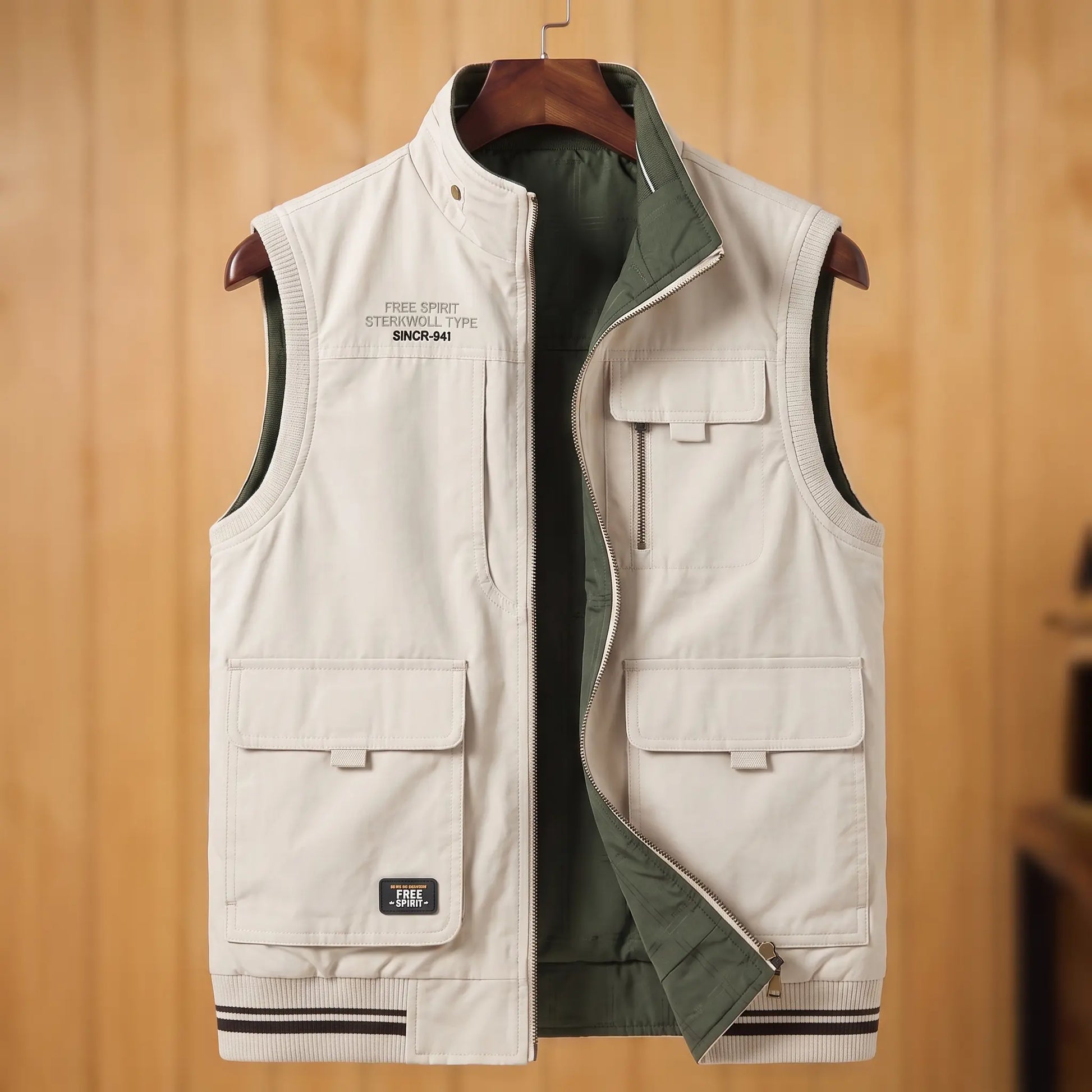 Beige & Army Green reversible utility vest