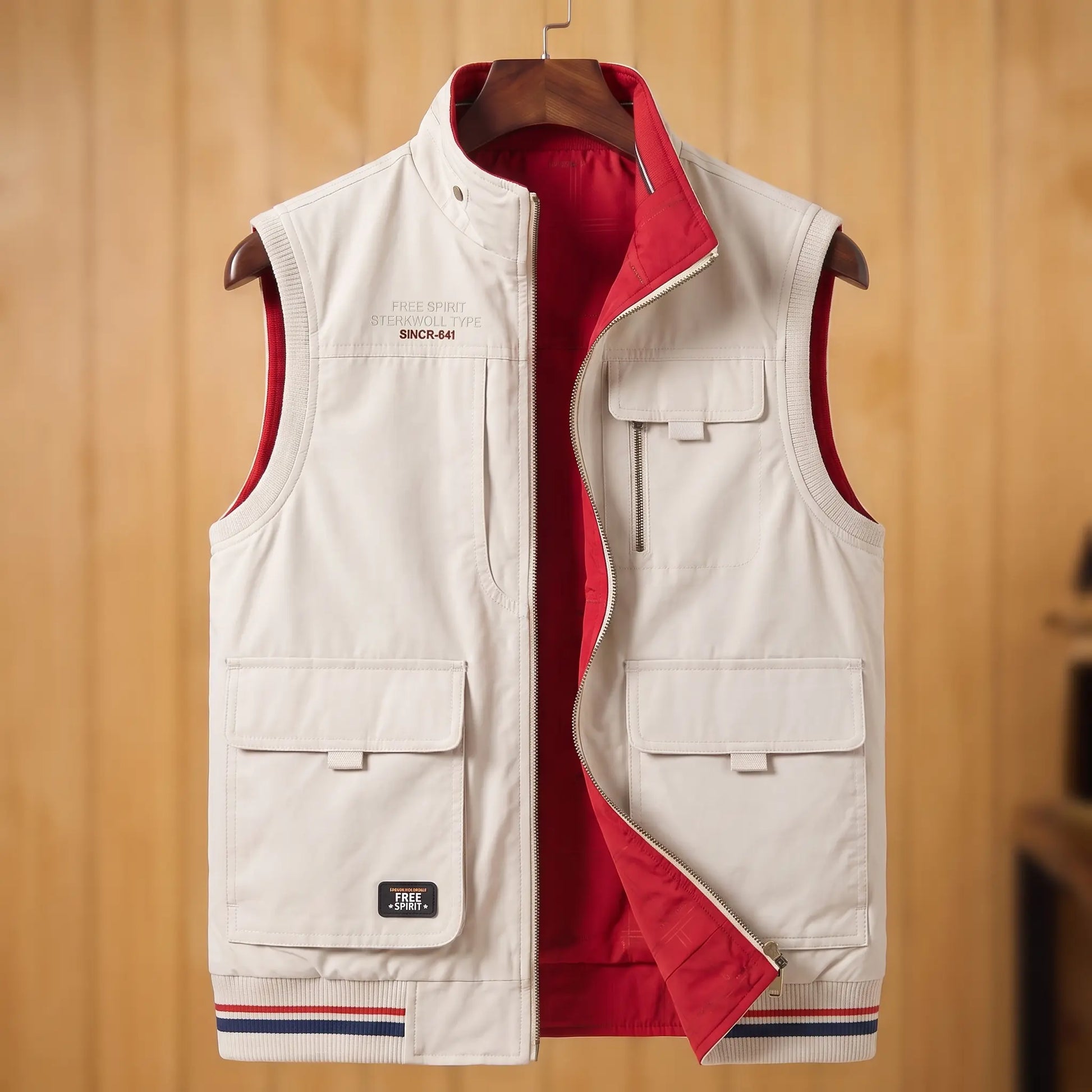 Beige & Red reversible utility vest