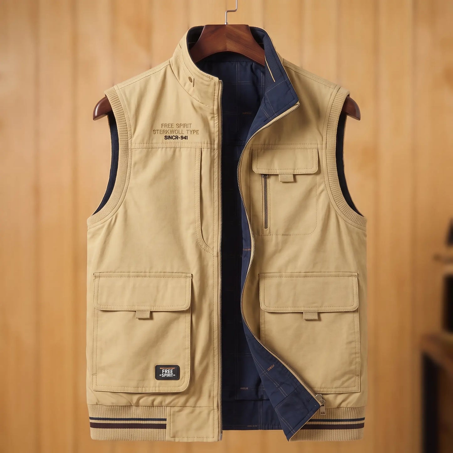 Khaki & Blue reversible utility vest