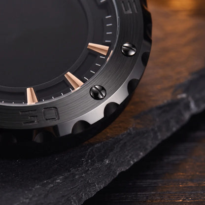 Close up of the exposed bezel screws and notched edge on the Notched Bezel Watch