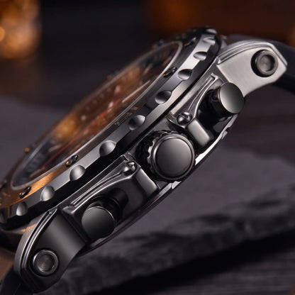 Close up of the guarded crown and two timing buttons on the Notched Bezel Watch