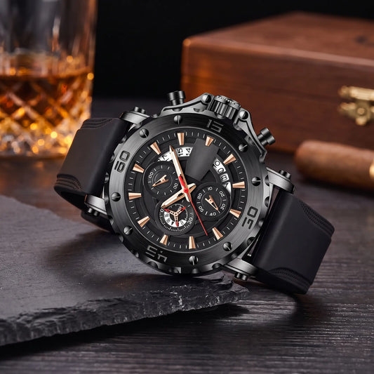 Notched Bezel Watch in all black with screw set bezel, three small dials and black rubber strap